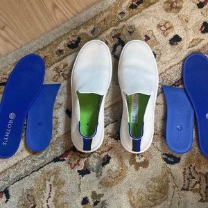 Rothy's White Slip-On Sneakers with Blue Trim and Green Insole